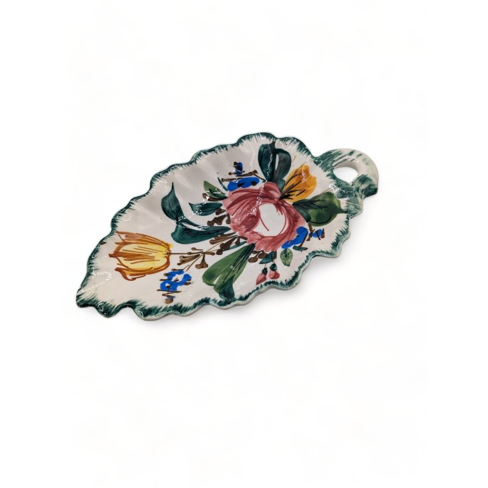 Vintage Italian Hand Painted Pottery Floral Leaf Shaped Bowl Ceramic Candy Dish